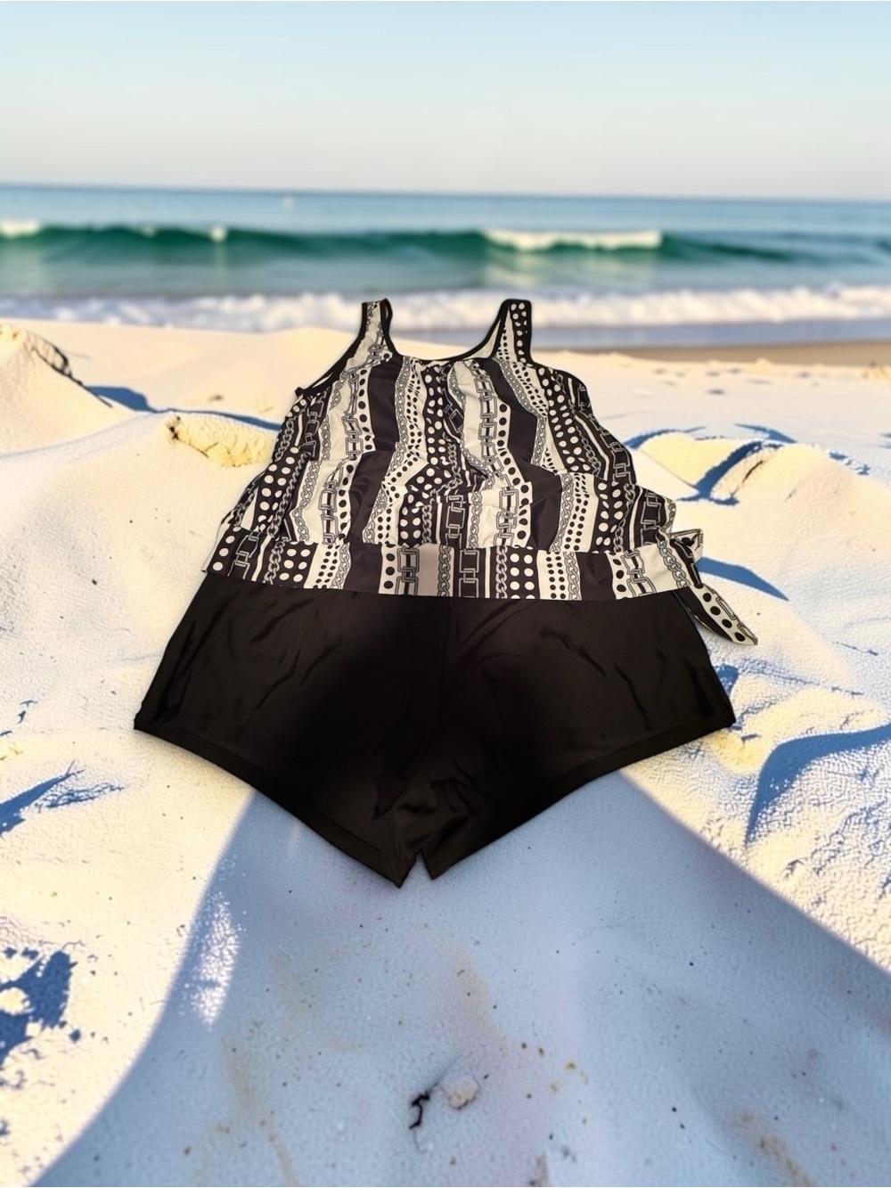 Women’s Black & White Patterned Tankini Swim Set.